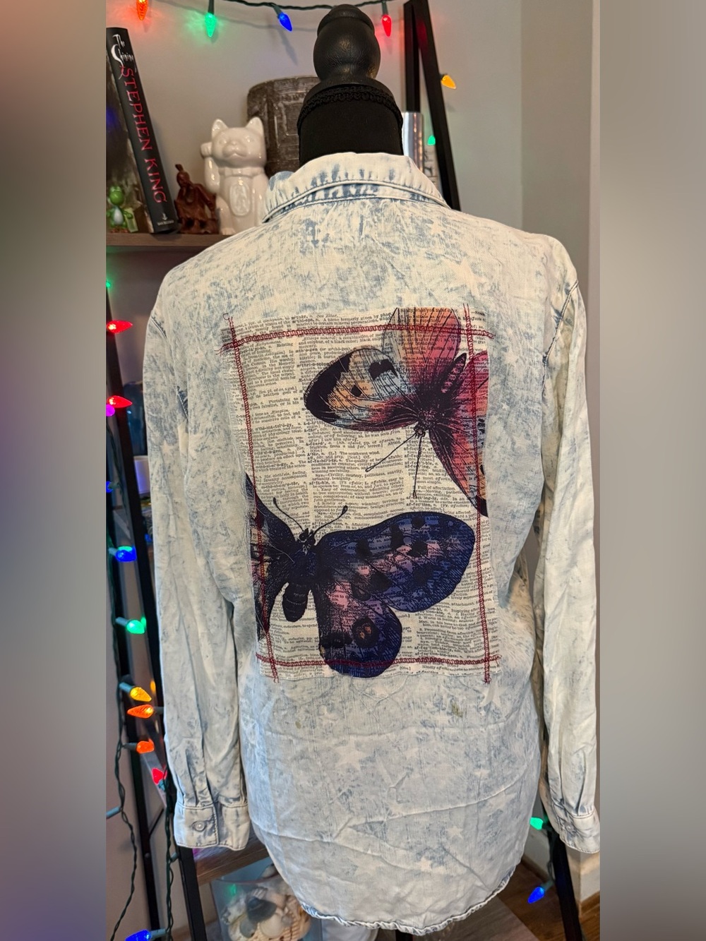 The Nu Vintage Acid Wash Star Print Button Down Shirt Butterfly Back Patch Small
